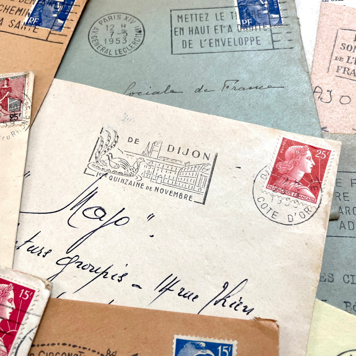 1950s French Envelopes lot with vintage stamps, handwritten addresses, and various city postmarks.