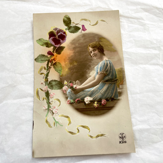 1910s - Antique French Postcard - Vintage Woman Portrait - Elegant Floral Design - Pansy & Ribbon Art Nouveau Era Collectible Print