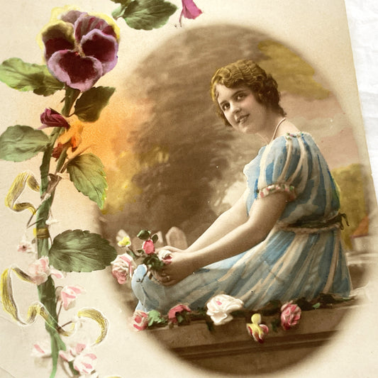 1910s - Antique French Postcard - Vintage Woman Portrait - Elegant Floral Design - Pansy & Ribbon Art Nouveau Era Collectible Print