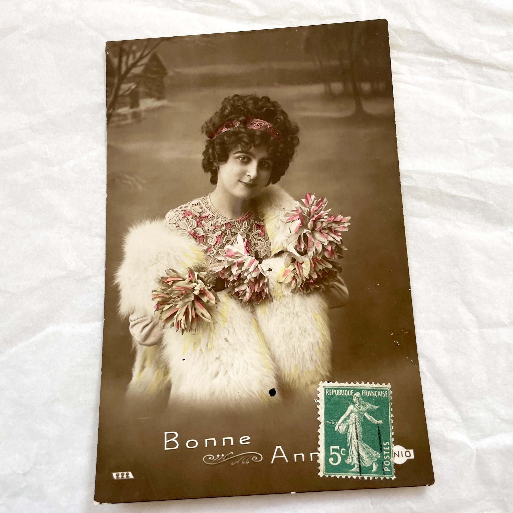 1910s - Vintage French Postcard - Elegant Edwardian Woman Portrait - Plush Fur Stole - Bonne Année New Year Greeting - Hand Tinted Sepia.