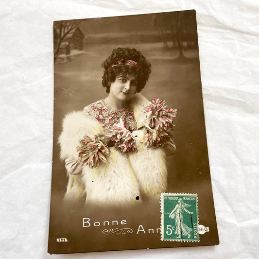 1910s - Vintage French Postcard - Elegant Edwardian Woman Portrait - Plush Fur Stole - Bonne Année New Year Greeting - Hand Tinted Sepia.