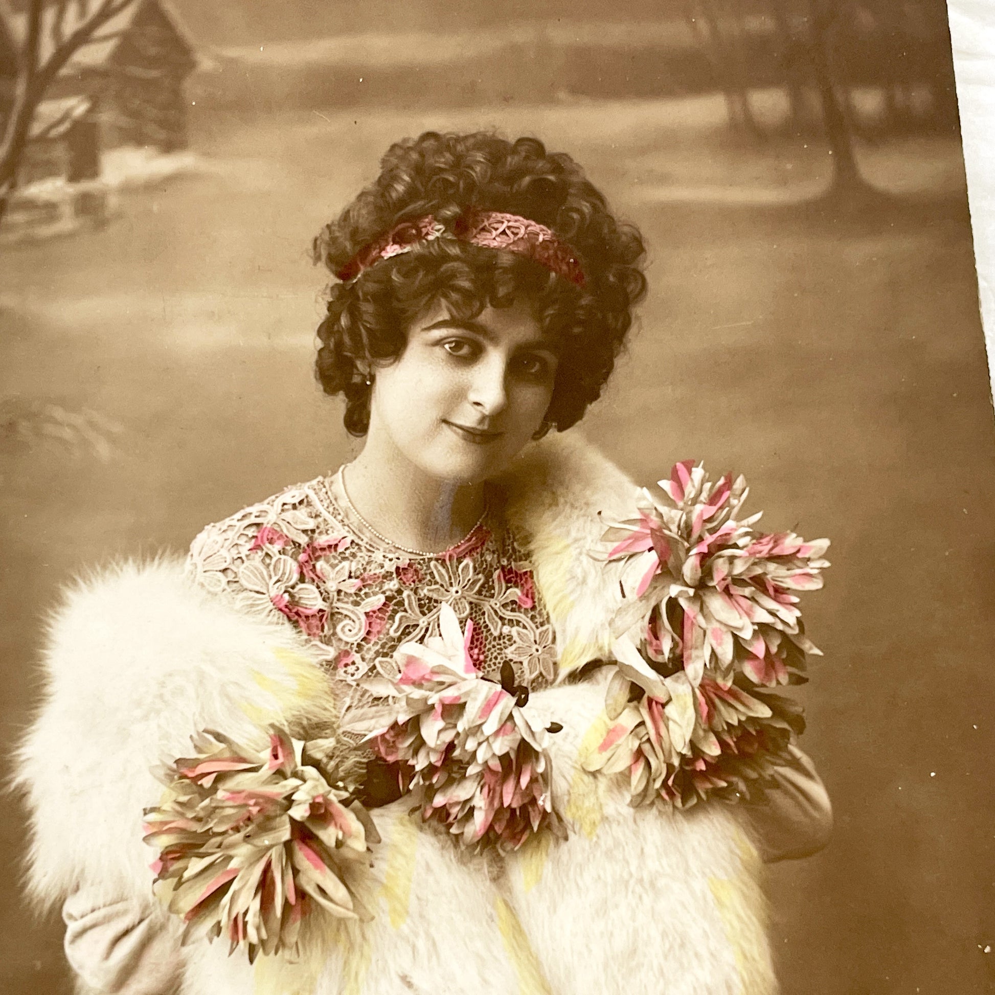 1910s - Vintage French Postcard - Elegant Edwardian Woman Portrait - Plush Fur Stole - Bonne Année New Year Greeting - Hand Tinted Sepia.
