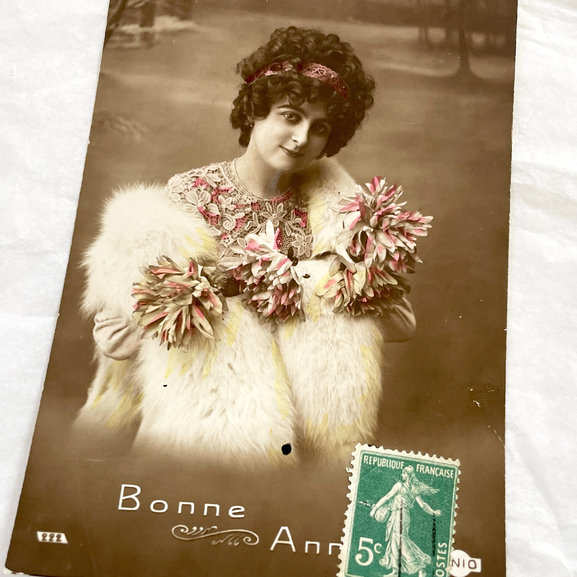 1910s - Vintage French Postcard - Elegant Edwardian Woman Portrait - Plush Fur Stole - Bonne Année New Year Greeting - Hand Tinted Sepia.
