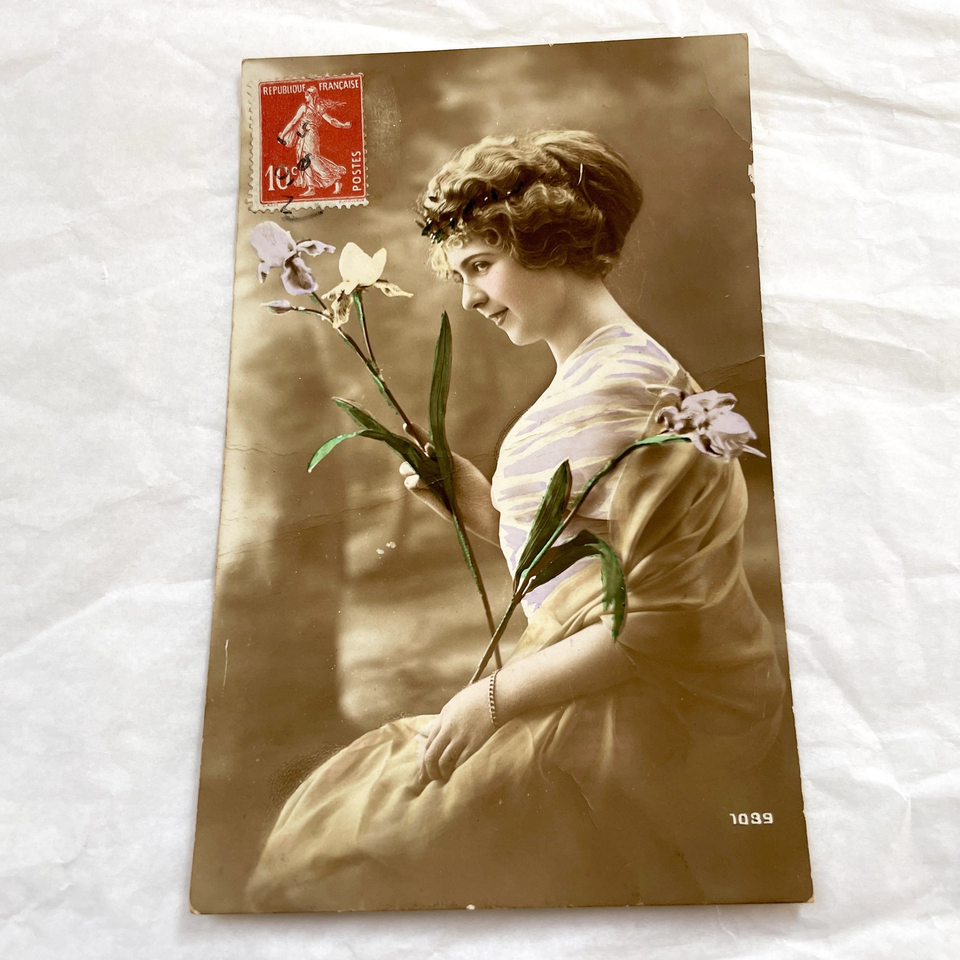 1900s - Antique French Hand-Tinted Postcard - Sepia Portrait Young Woman With Orchid - Vintage French Ephemera - Art Nouveau Style