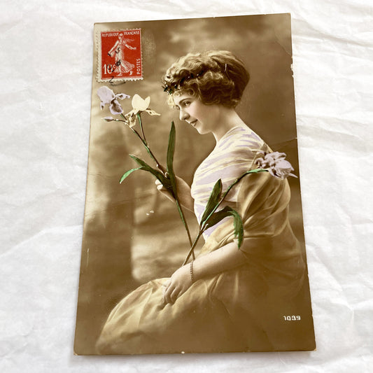 1900s - Antique French Hand-Tinted Postcard - Sepia Portrait Young Woman With Orchid - Vintage French Ephemera - Art Nouveau Style