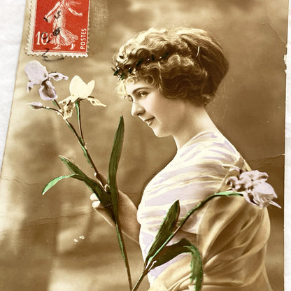 1900s - Antique French Hand-Tinted Postcard - Sepia Portrait Young Woman With Orchid - Vintage French Ephemera - Art Nouveau Style