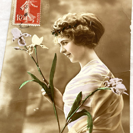 1900s - Antique French Hand-Tinted Postcard - Sepia Portrait Young Woman With Orchid - Vintage French Ephemera - Art Nouveau Style