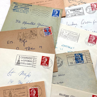 Lot of 20 French envelopes from the 1950s featuring various vintage stamps, postmarks, and handwritten addresses.