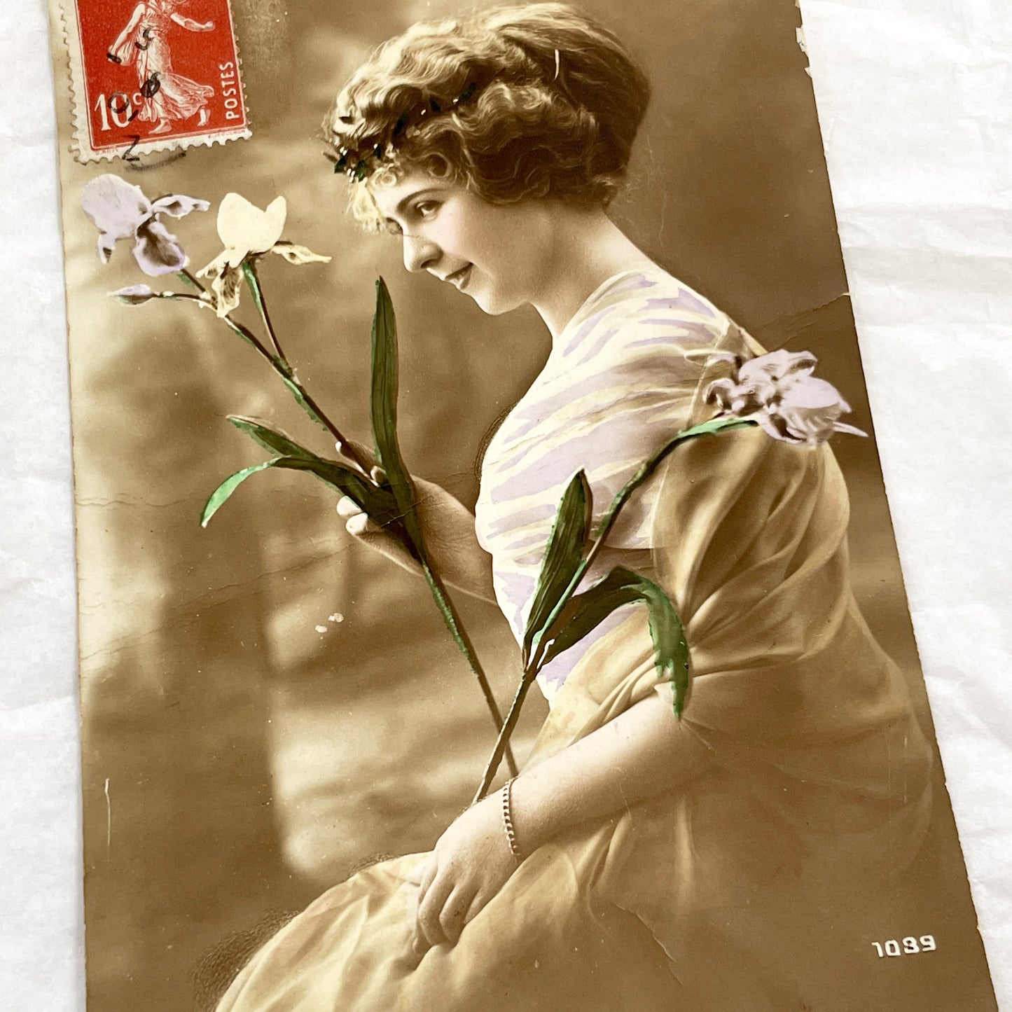 1900s - Antique French Hand-Tinted Postcard - Sepia Portrait Young Woman With Orchid - Vintage French Ephemera - Art Nouveau Style