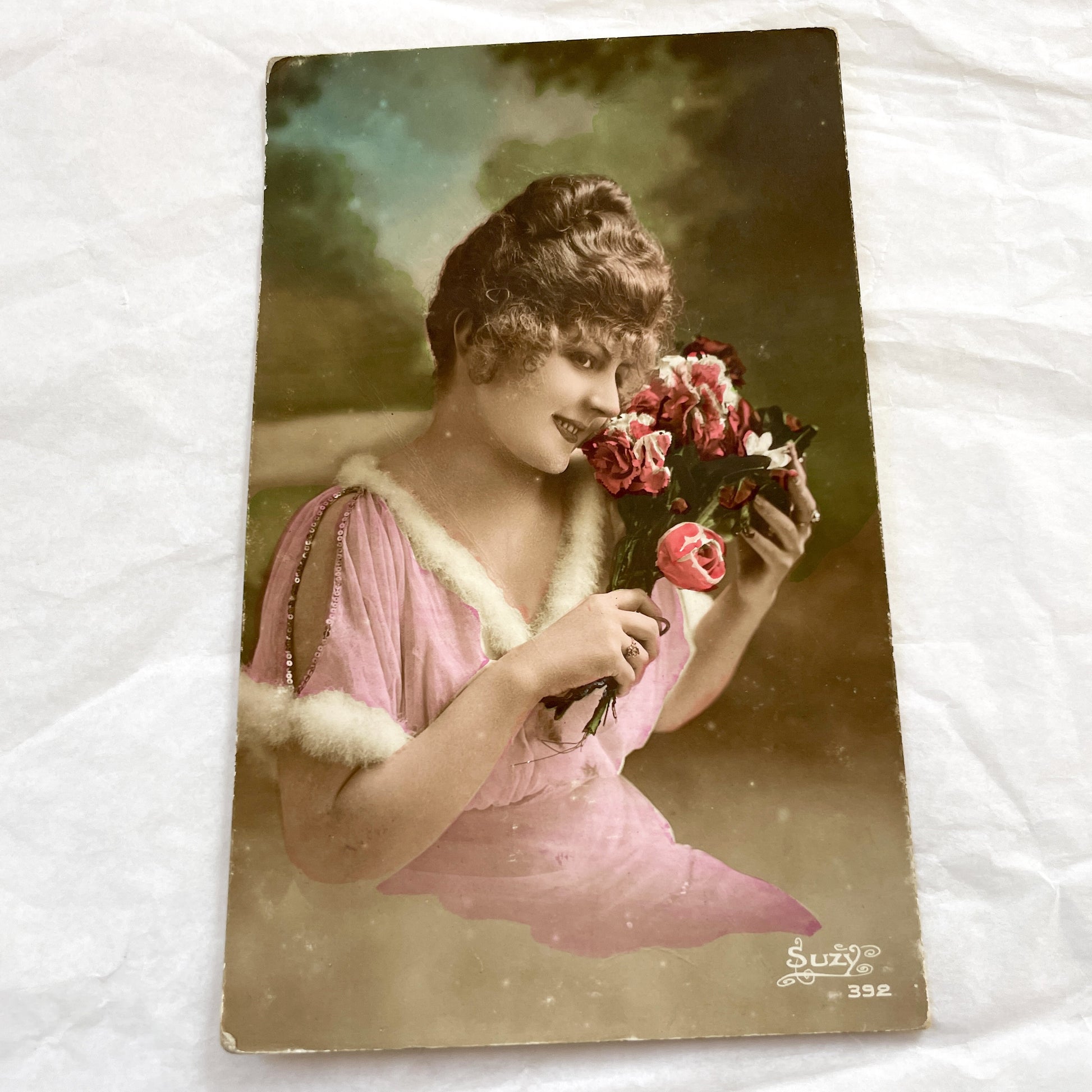 1910s - Vintage Postcard - Hand-Tinted Portrait - Elegant Woman Pink Dress - Flowers Bouquet - Sentimental Art Print - Suzy Series 392