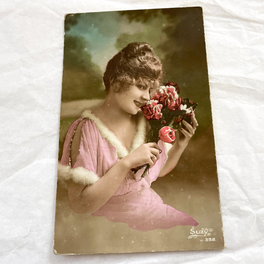1910s - Vintage Postcard - Hand-Tinted Portrait - Elegant Woman Pink Dress - Flowers Bouquet - Sentimental Art Print - Suzy Series 392