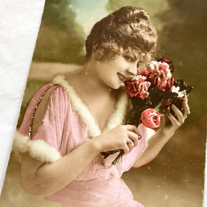 1910s - Vintage Postcard - Hand-Tinted Portrait - Elegant Woman Pink Dress - Flowers Bouquet - Sentimental Art Print - Suzy Series 392