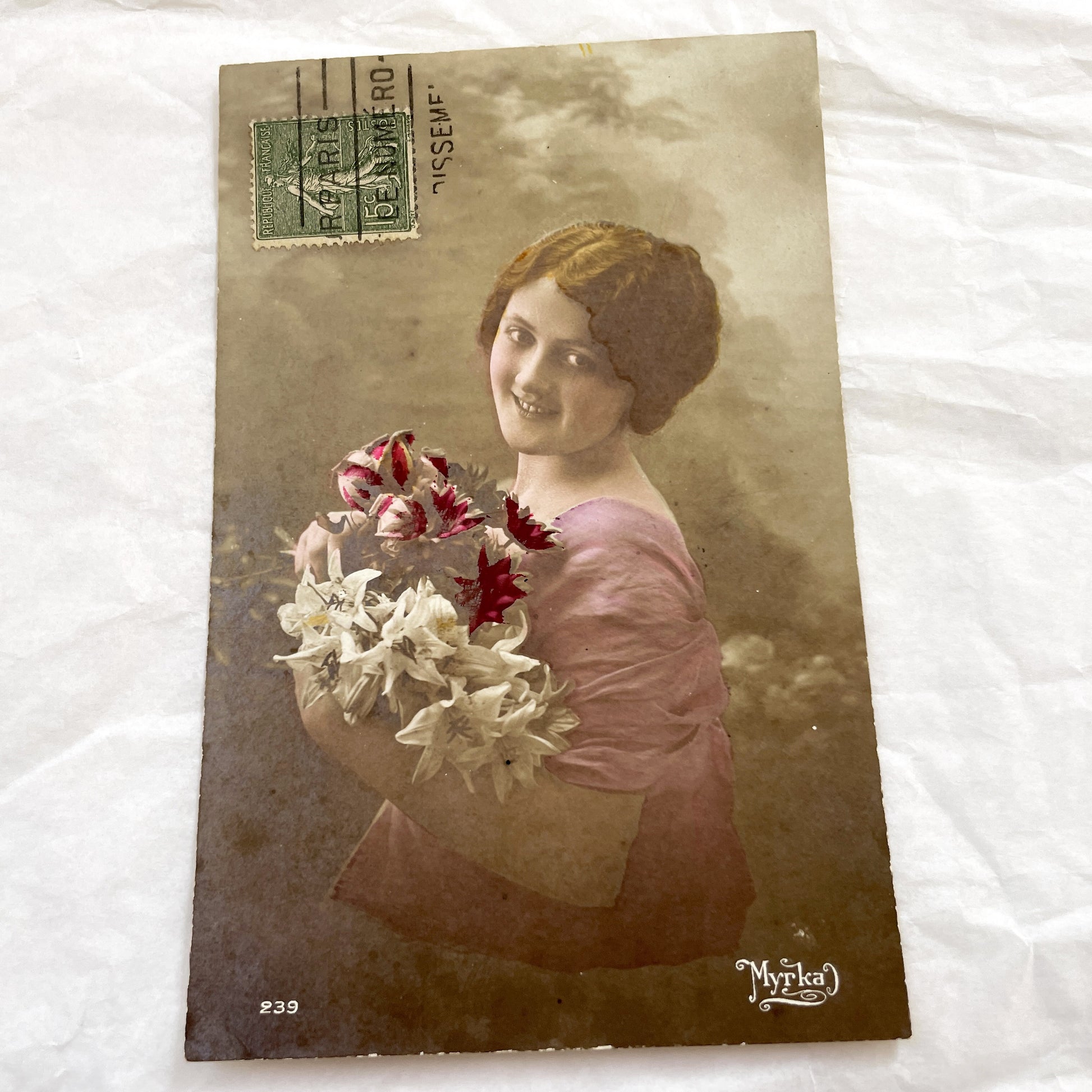 1910s - Beautiful Young Woman Portrait Postcard - Vintage French Hand-Tinted - Floral Bouquet - Belle Epoque Art - Paris Postmark