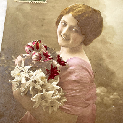 1910s - Beautiful Young Woman Portrait Postcard - Vintage French Hand-Tinted - Floral Bouquet - Belle Epoque Art - Paris Postmark