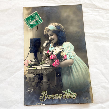 1900s - Antique French Postcard - Young Woman with Bouquet - Early Telephone - Hand-Colored Photo - Bonne Fête Greeting Card - Ephemera