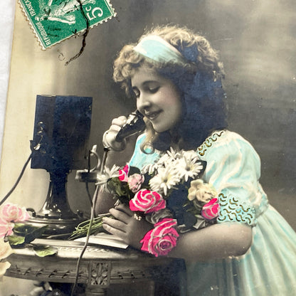 1900s - Antique French Postcard - Young Woman with Bouquet - Early Telephone - Hand-Colored Photo - Bonne Fête Greeting Card - Ephemera