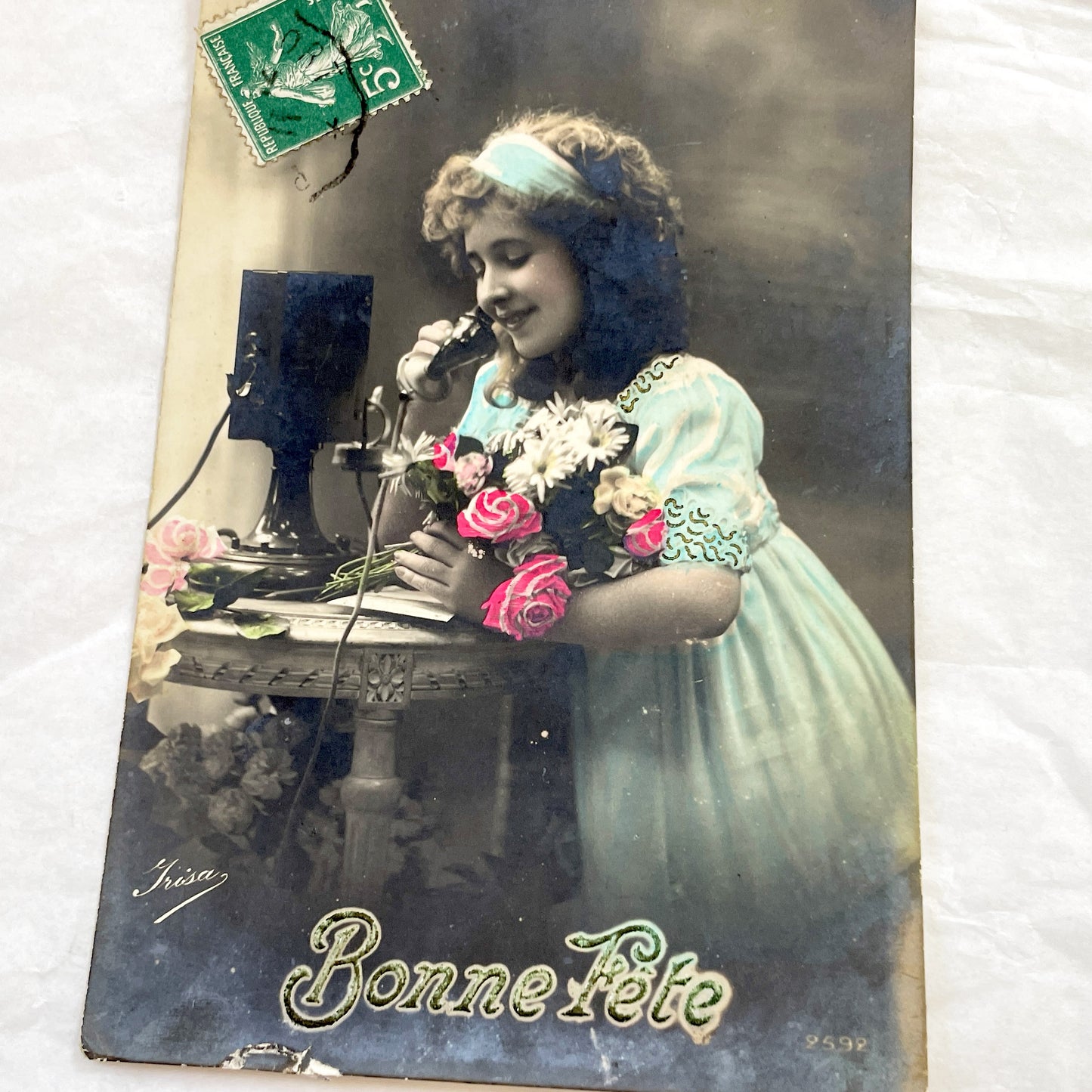 1900s - Antique French Postcard - Young Woman with Bouquet - Early Telephone - Hand-Colored Photo - Bonne Fête Greeting Card - Ephemera