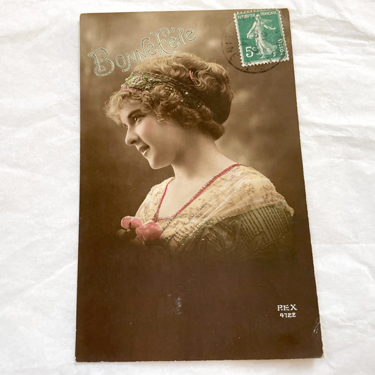1910s - Vintage French Belle Epoque Portrait Postcard - Young Woman with Bonne Fete Greeting - Hand Colored Sepia Tone Beauty -  Postcard