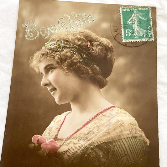 1910s - Vintage French Belle Epoque Portrait Postcard - Young Woman with Bonne Fete Greeting - Hand Colored Sepia Tone Beauty -  Postcard