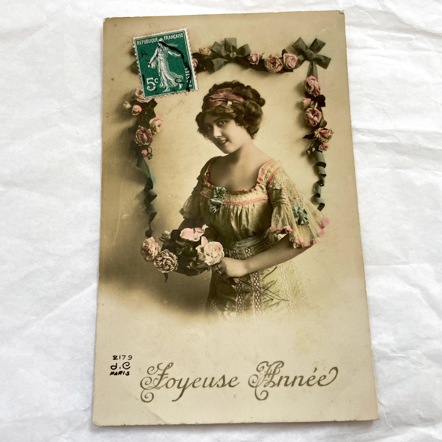 1910s - French Art Nouveau Postcard - Elegant Woman Portrait - Hand-Tinted Roses Ribbon Design - Parisian Publisher Vintage Collectible