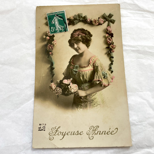 1910s - French Art Nouveau Postcard - Elegant Woman Portrait - Hand-Tinted Roses Ribbon Design - Parisian Publisher Vintage Collectible