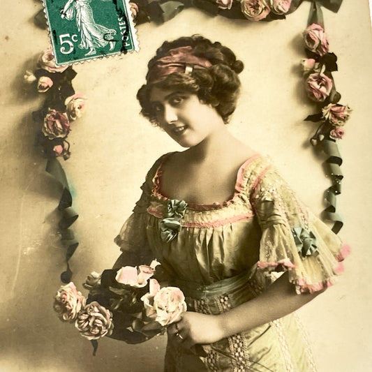 1910s - French Art Nouveau Postcard - Elegant Woman Portrait - Hand-Tinted Roses Ribbon Design - Parisian Publisher Vintage Collectible