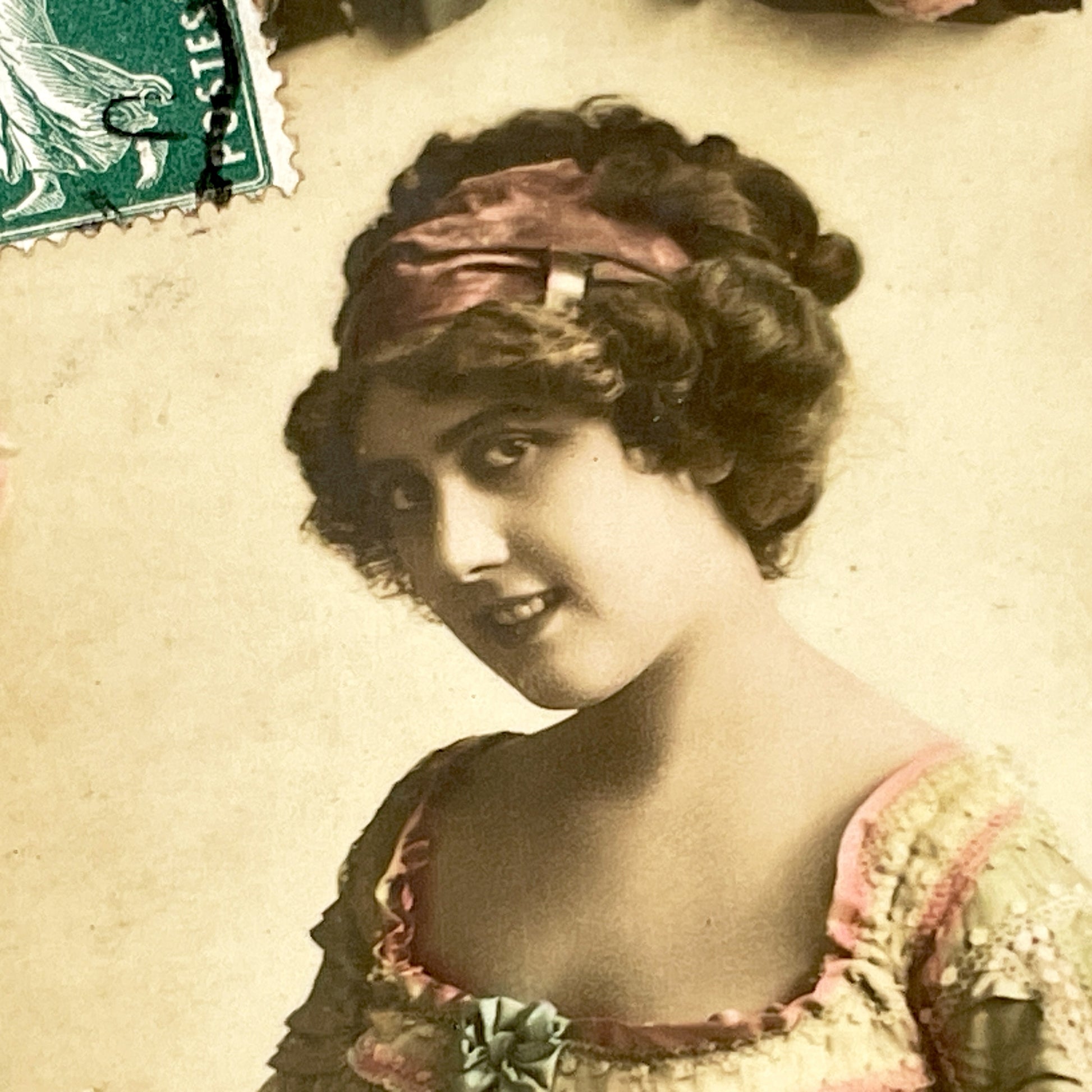 1910s - French Art Nouveau Postcard - Elegant Woman Portrait - Hand-Tinted Roses Ribbon Design - Parisian Publisher Vintage Collectible