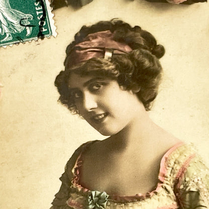 1910s - French Art Nouveau Postcard - Elegant Woman Portrait - Hand-Tinted Roses Ribbon Design - Parisian Publisher Vintage Collectible