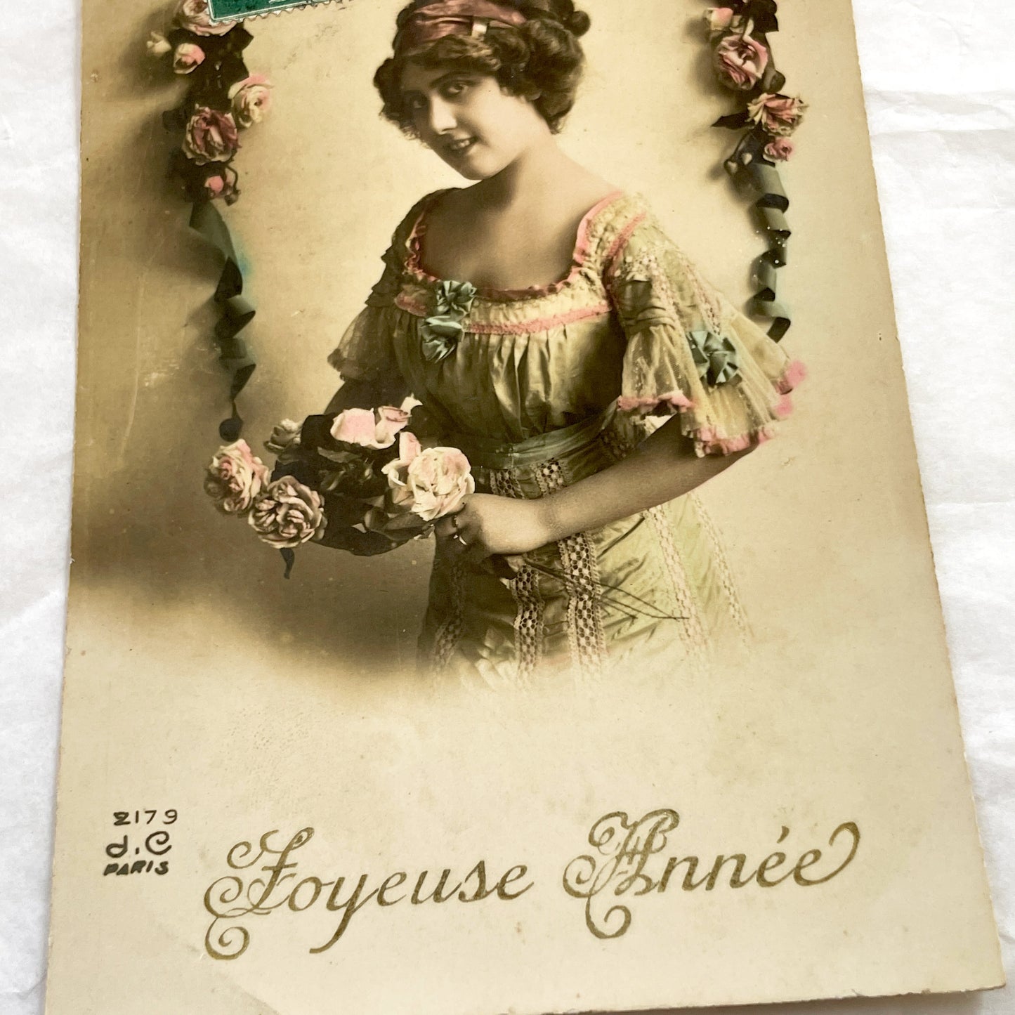 1910s - French Art Nouveau Postcard - Elegant Woman Portrait - Hand-Tinted Roses Ribbon Design - Parisian Publisher Vintage Collectible