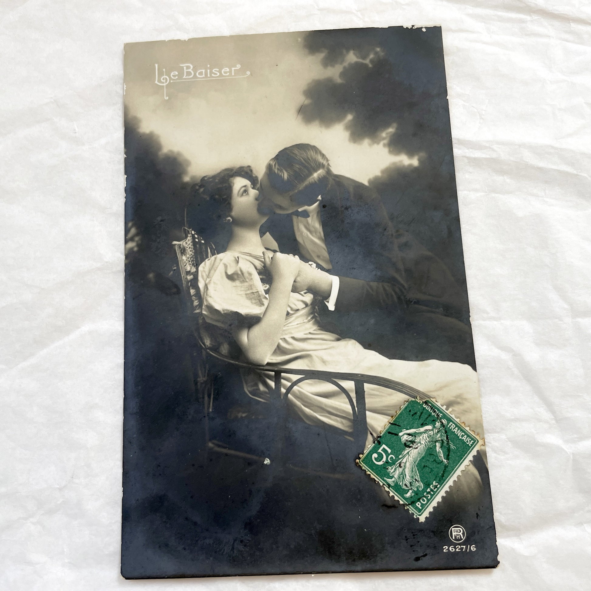 1910s - Vintage French Postcard - Romantic Kiss Scene - Sepia Tone Photograph - Antique Edwardian Era Love Embrace Couple - Collectible Art
