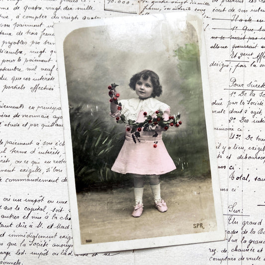 1900s - Vintage Hand-Colored Postcard - Charming Little Girl Portrait - Holding Red Berries - Antique Children Photo
