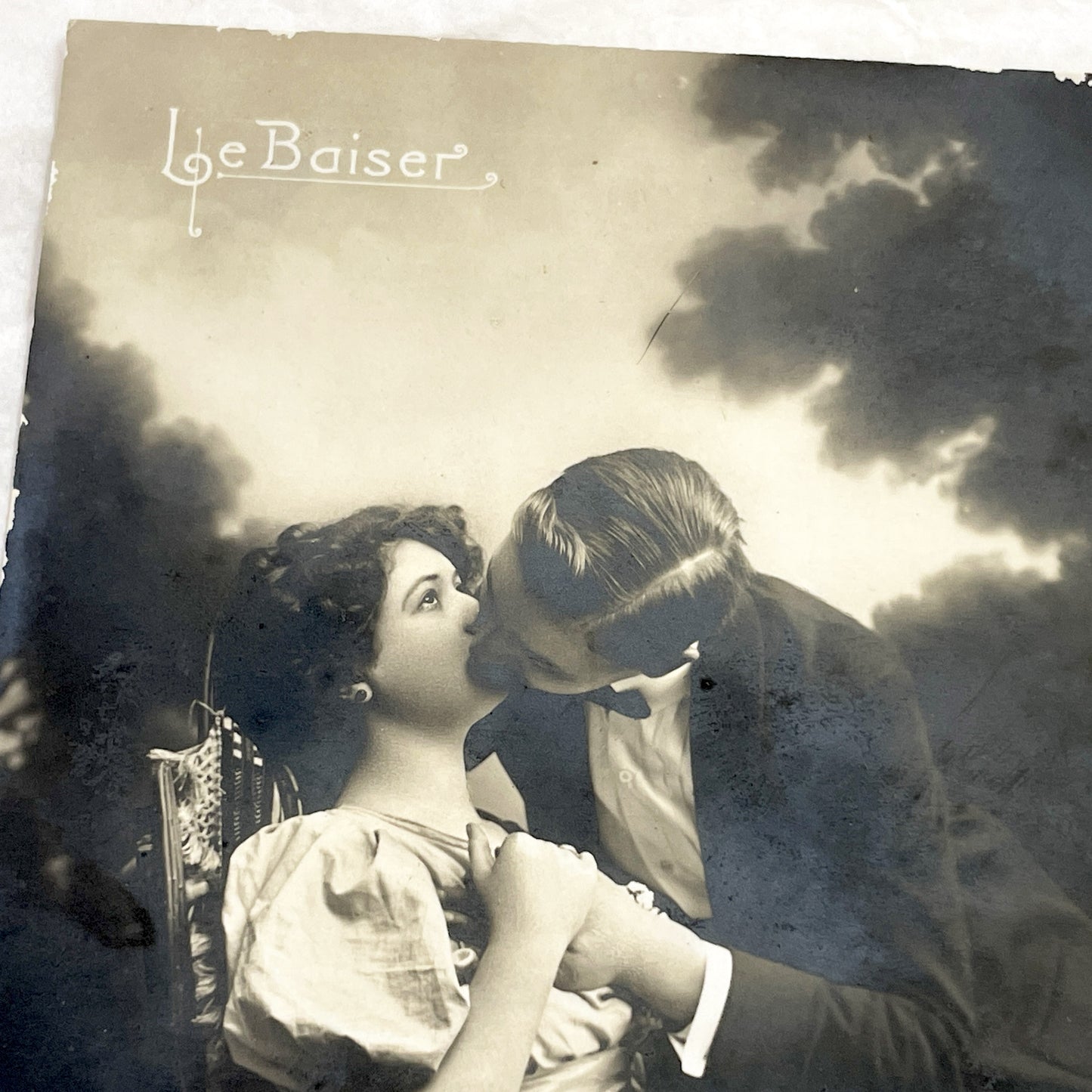 1910s - Vintage French Postcard - Romantic Kiss Scene - Sepia Tone Photograph - Antique Edwardian Era Love Embrace Couple - Collectible Art