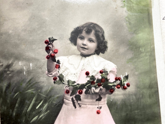 1900s - Vintage Hand-Colored Postcard - Charming Little Girl Portrait - Holding Red Berries - Antique Children Photo