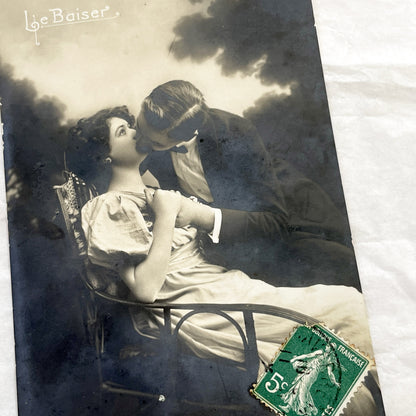 1910s - Vintage French Postcard - Romantic Kiss Scene - Sepia Tone Photograph - Antique Edwardian Era Love Embrace Couple - Collectible Art