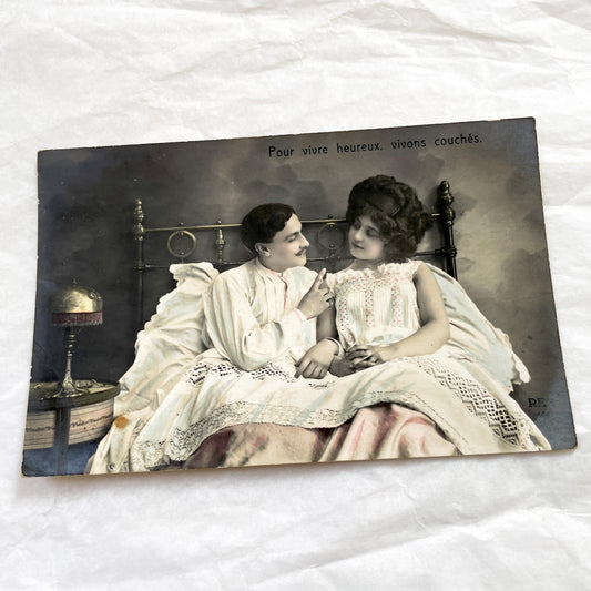 1910s - Vintage French Boudoir Postcard - Photograph of Romantic Couple in Bed - Antique Edwardian Era - Intimate Scene - Love Message