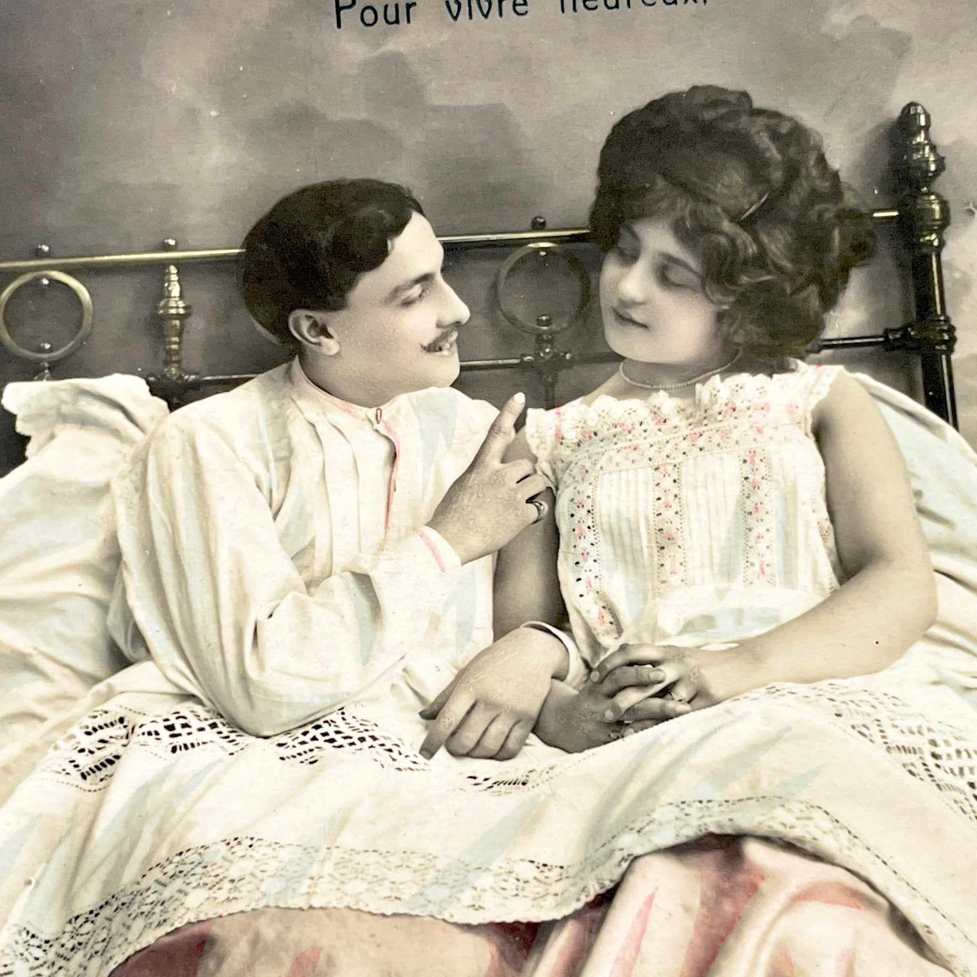 1910s - Vintage French Boudoir Postcard - Photograph of Romantic Couple in Bed - Antique Edwardian Era - Intimate Scene - Love Message