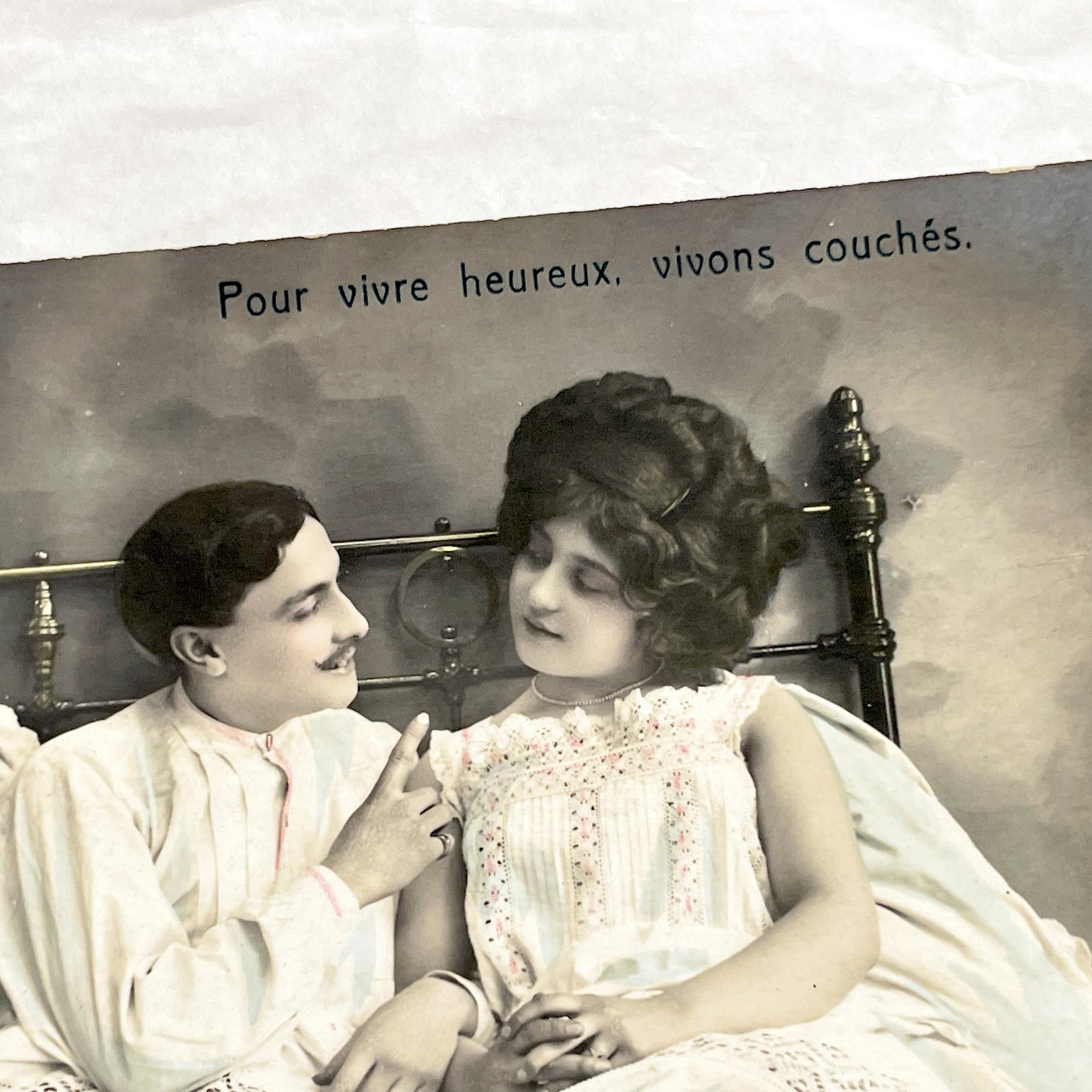 1910s - Vintage French Boudoir Postcard - Photograph of Romantic Couple in Bed - Antique Edwardian Era - Intimate Scene - Love Message