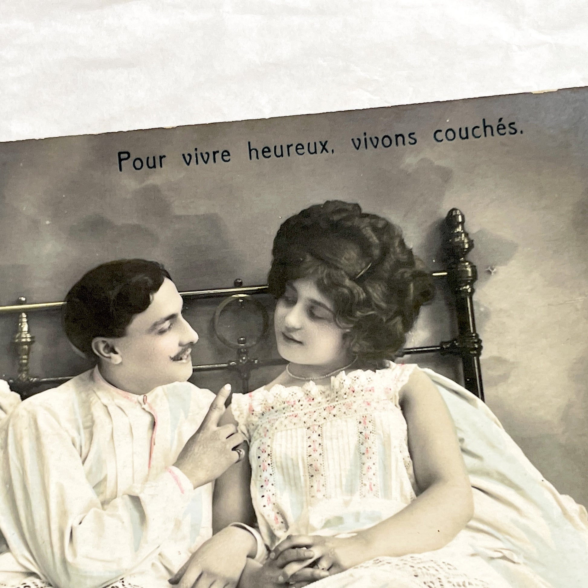 1910s - Vintage French Boudoir Postcard - Photograph of Romantic Couple in Bed - Antique Edwardian Era - Intimate Scene - Love Message