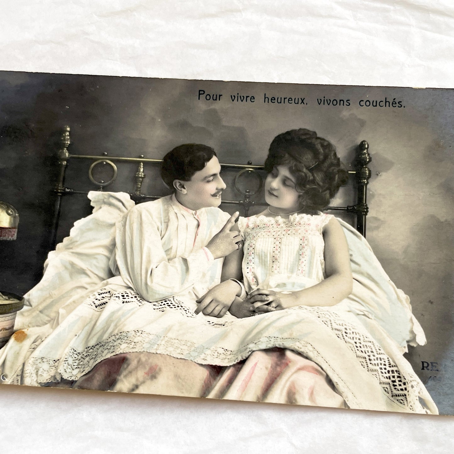 1910s - Vintage French Boudoir Postcard - Photograph of Romantic Couple in Bed - Antique Edwardian Era - Intimate Scene - Love Message