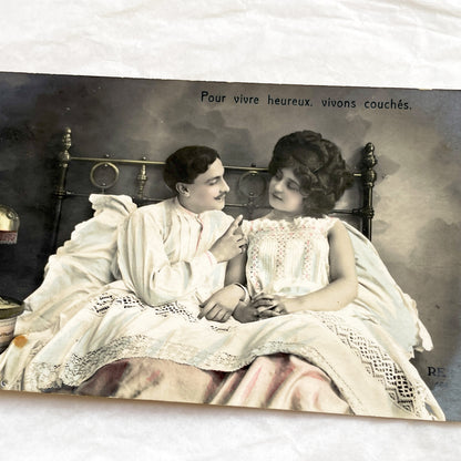 1910s - Vintage French Boudoir Postcard - Photograph of Romantic Couple in Bed - Antique Edwardian Era - Intimate Scene - Love Message