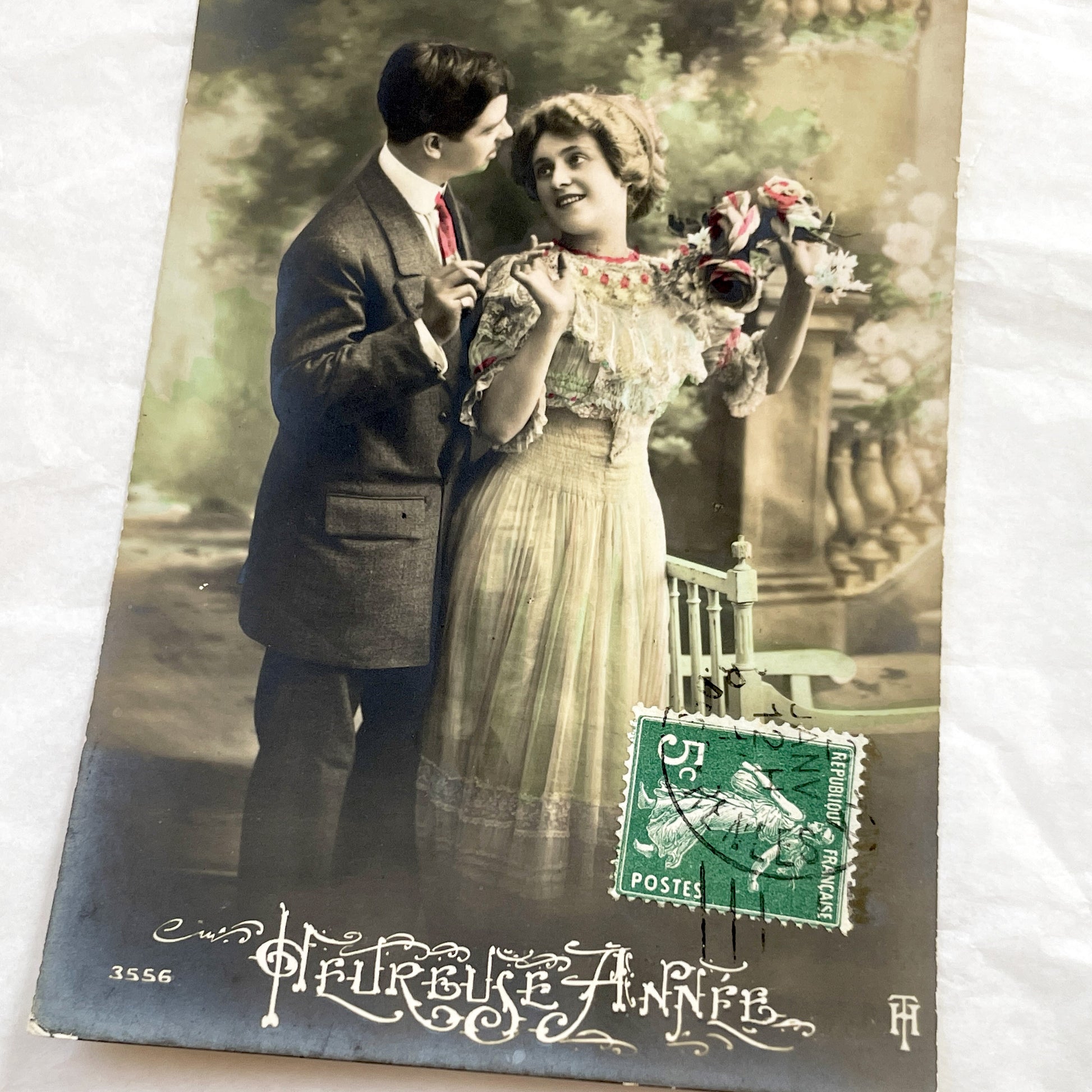 1900s - Antique French Happy New Year Postcard - Romantic Hand-Colored Couple - Vintage Edwardian Greeting Card - Collectible Ephemera