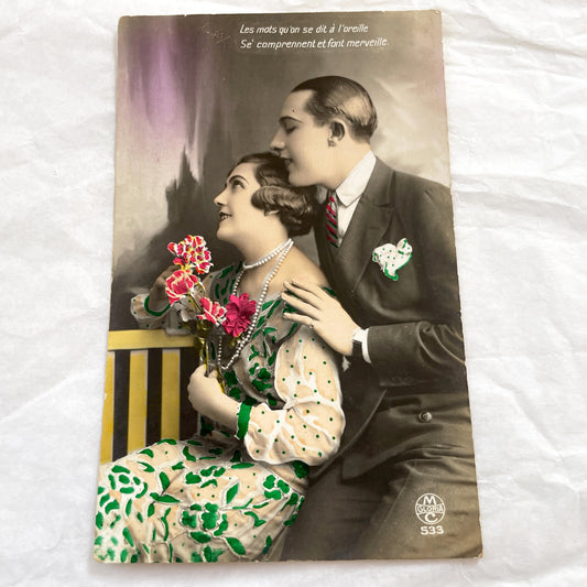 1920s - Vintage French Romantic Postcard - Flapper Era Couple - Hand Colored Art Deco Love Greeting - Whisper - Gloria 533