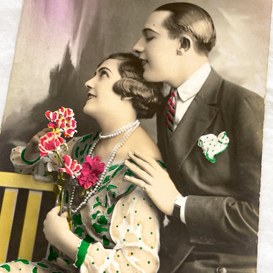 1920s - Vintage French Romantic Postcard - Flapper Era Couple - Hand Colored Art Deco Love Greeting - Whisper - Gloria 533