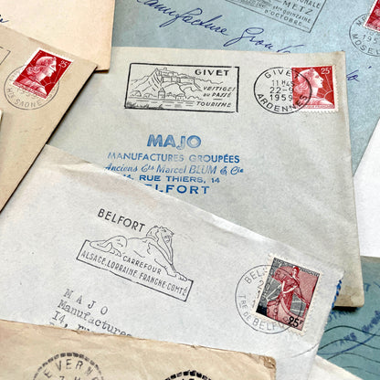 Lot of 20 French envelopes from the 1950s, featuring various postal stamps, handwritten addresses, and distinct postmarks.