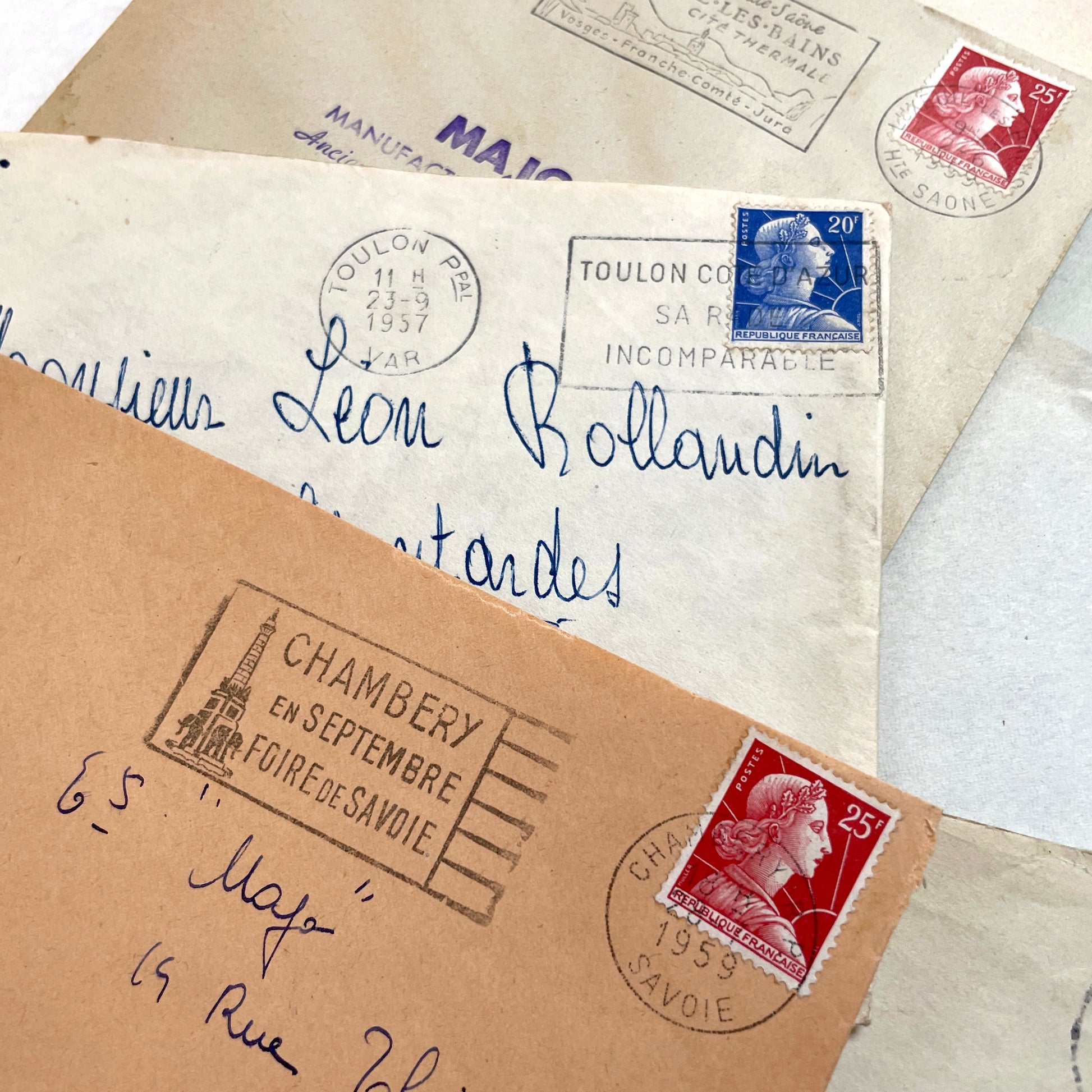 Lot of 20 French envelopes from the 1950s, featuring various postal stamps, handwritten addresses, and distinct postmarks.