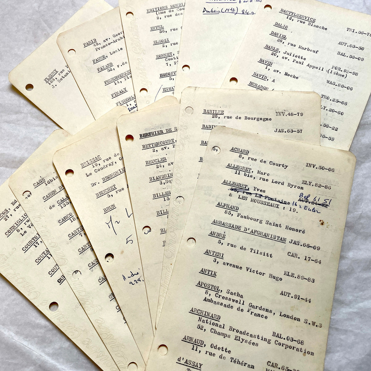 1950s French index cards lot with typed and handwritten Parisian names, addresses, and vintage phone numbers.
