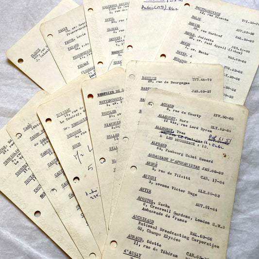 1950s French index cards lot with typed and handwritten Parisian names, addresses, and vintage phone numbers.
