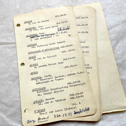 1950s French index cards lot with typed and handwritten Parisian names, addresses, and vintage phone numbers.