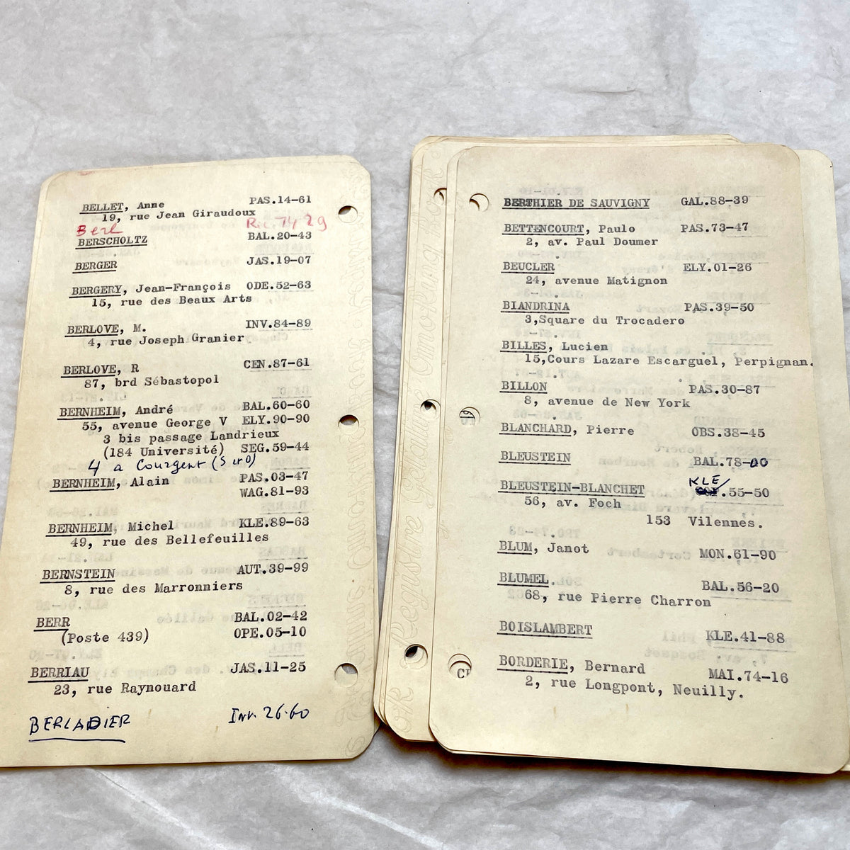 1950s French index cards lot with typed and handwritten Parisian names, addresses, and vintage phone numbers.