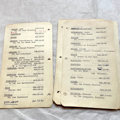 1950s French index cards lot with typed and handwritten Parisian names, addresses, and vintage phone numbers.